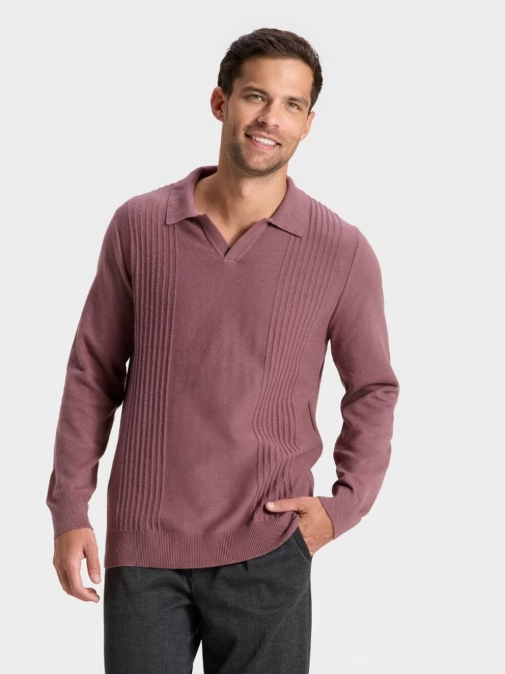 Men's Soft Knit Johnny Collar Polo Sweater - Goodfellow & Co™ Berry Pink M